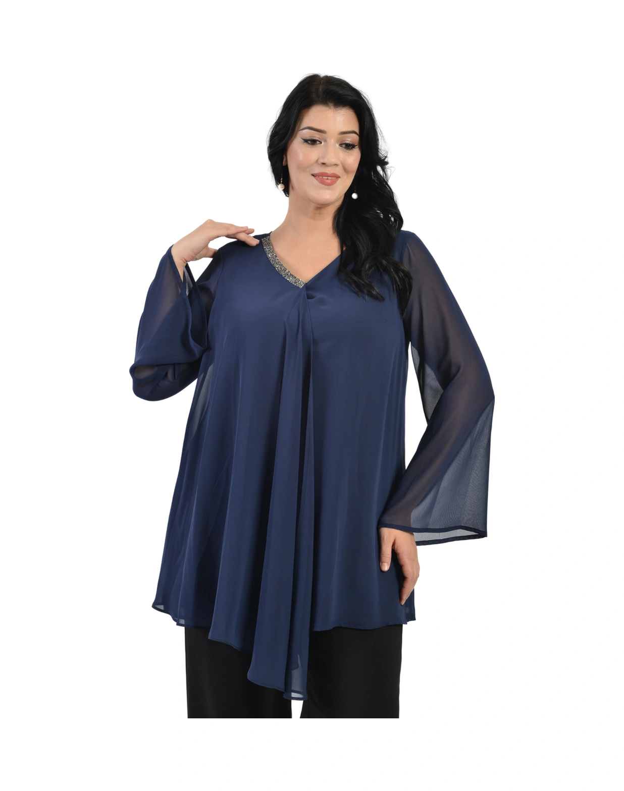 Lilas Xxl Büyük Beden Lacivert Renkli Şifon Abiye Bluz Lacivert