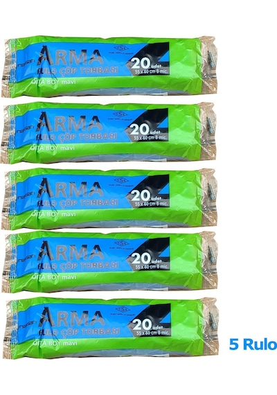 Arma Mavi Orta Boy 55 x 60 CM - 30 Litre Çöp Torbası Poşeti - 20 Adetlik 5  Rulo