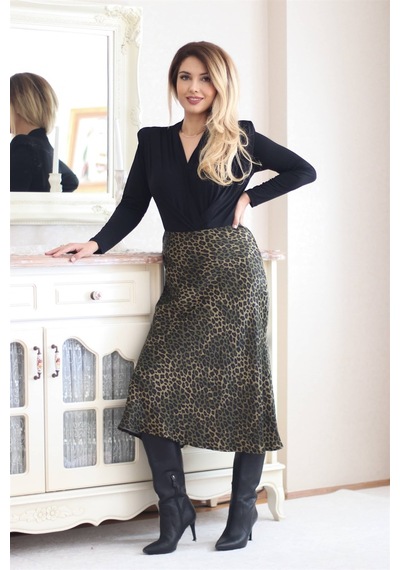 Ritnice Kadın Yeşil Leopar Midi Saten Etek
