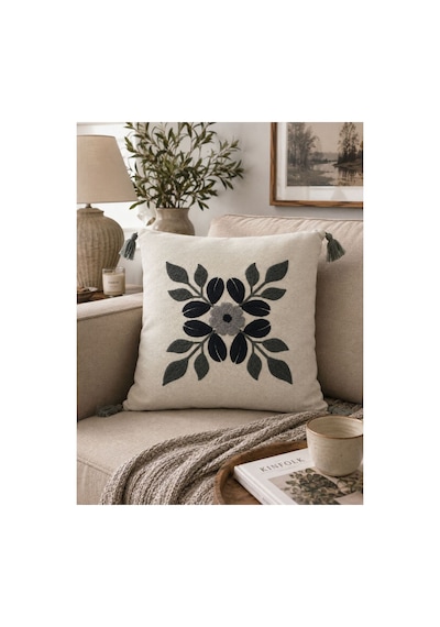 Punch Nakışlı Kırlent Kılıfı 45x45 Cm Kırlangıç Home Çapa Çiçek Desenli Antrasit