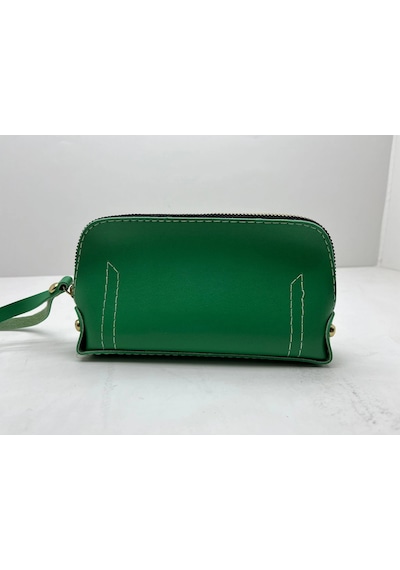 Deri Kumaş Yeşil Renk 17x10 Cm Takı-makyaj Fermuarlı Çantası