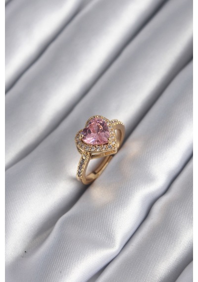 Pirinç Gold Renk Pembe Zirkon Taşlı Charm Model Kadın Yüzük