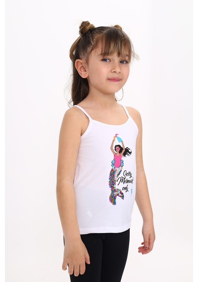 Toontoy Kids Toontoy Kız Çocuk Deniz Kızı Baskılı Pul İşlemeli Atlet Beyaz