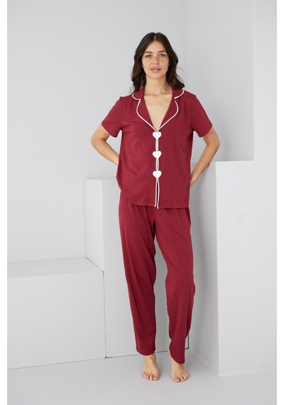 Siyah İnci Biye Detaylı Örme Pijama Takım7891 Bordo