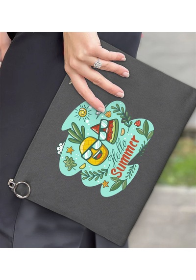 Bk Gift Yaz Temalı Astarlı Antrasit Portföy Çanta 30x21cm, Baskılı El Çantası, Organizer Çanta Çok Renkli