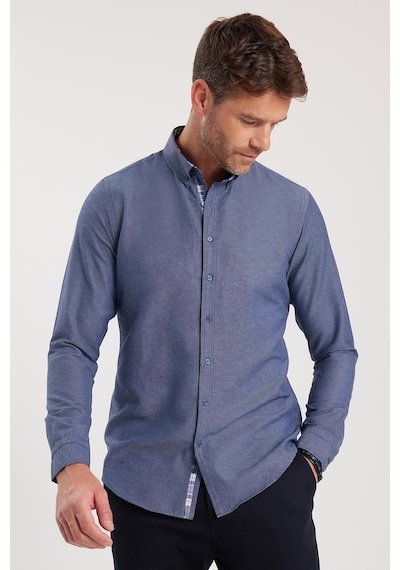 Tudors Erkek Slim Fit Dar Kesim Uzun Kollu Pamuklu Oxford Doku Lacivert Düğmeli Yaka Gömlek-15029 Lacivert