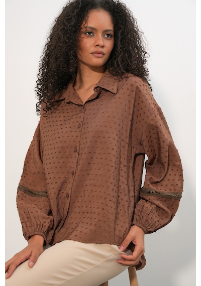 Bigdart Kadın Oversize Desenli Gömlek 20379 - Taba