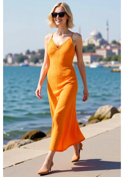 Benerly Kadın İnce Askılı V Yaka Dokulu Bodycon Maxi Elbise Astarsız Raha Turuncu