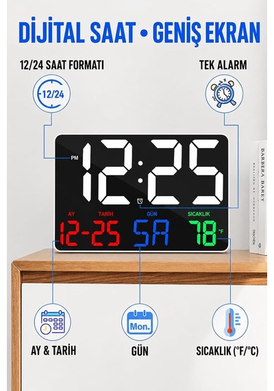 Renkli Led Dijital Duvar Saati 25x16 Cm Büyük Ekran, Siyah Diğer
