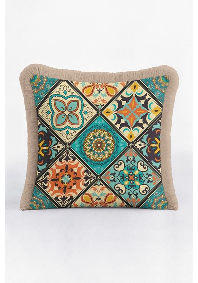 Oriental Lüks Saçaklı Yastık Kılıfı - Vintage Etnik Mint Yeşil Püsküllü Kırlent Kılıfı Grili Kobalt Mavi