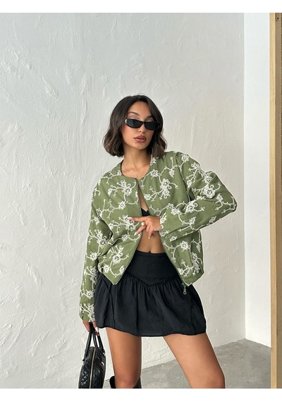 Verymoda Çiçek Nakışlı Fermuarlı Ceket F1948 Haki