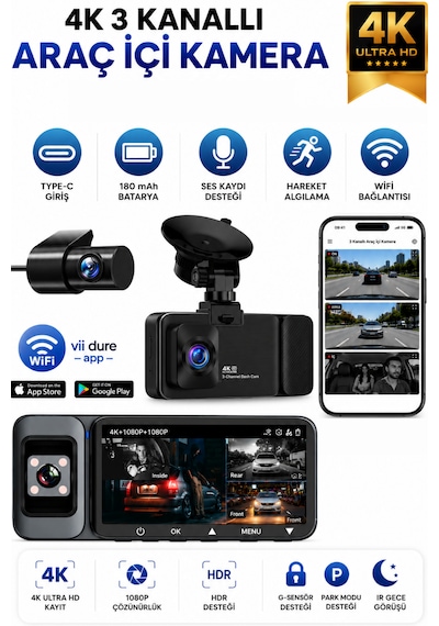 K02 Premium 3 Lens Araç İçi Kamera Wifi Gps 4k Ultra Hd Ön Arka İç Kamera Gece Görüşü Park Modu Dvr 31519350