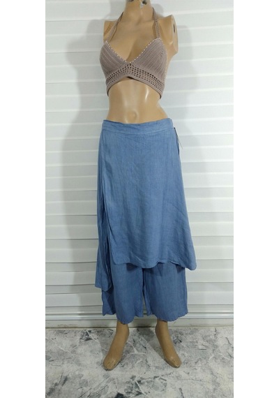 Bohem Stil İtalyan Ham Keten Pantolon Etek-8747 Mavi