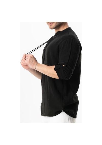 Uzun Kol Doruk V Yaka Bağcıklı Müslin Erkek Yazlık Tshirt Siyah Syh Siyah