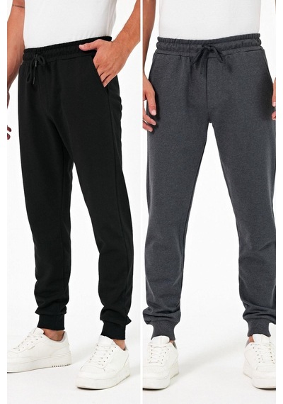 Comeor Kalın Siyah-antrasit Erkek 2'li Eşofman Altı Jogger Arka Cepli Paça Lastikli Regular Fit Şardonsuz Cmre97 001