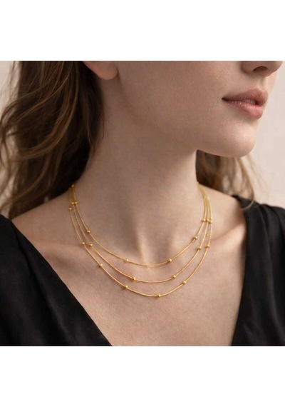 Altın Renk Boncuk Detaylı Çoklu Zincir Kolye Gold
