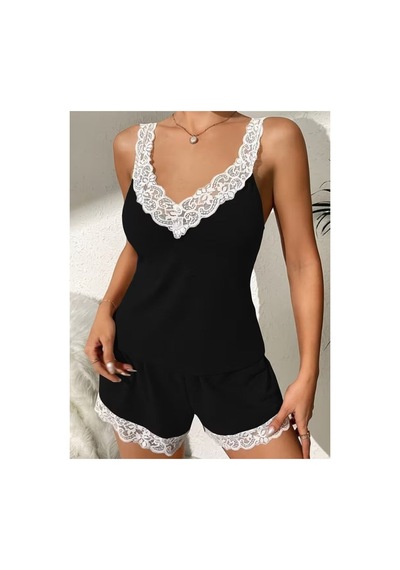 Butik İstanbul Kadın Askılı V Yakalı Viskon Bluz Ve Short Gecelik Takım Siyah