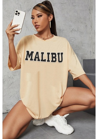 Unisex Malibu Baskılı Tasarım Tshirt Bej