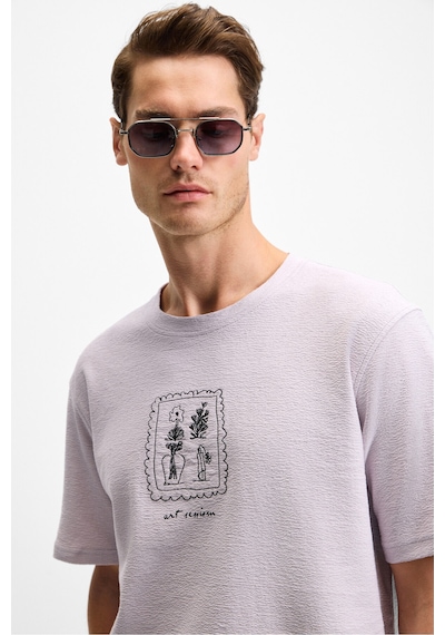 Grimelange DAPPERLY Erkek Ön Baskı Ve Nakış Detaylı Organik Pamuk Bisiklet Yaka Regular Fit Lila T-Shirt
