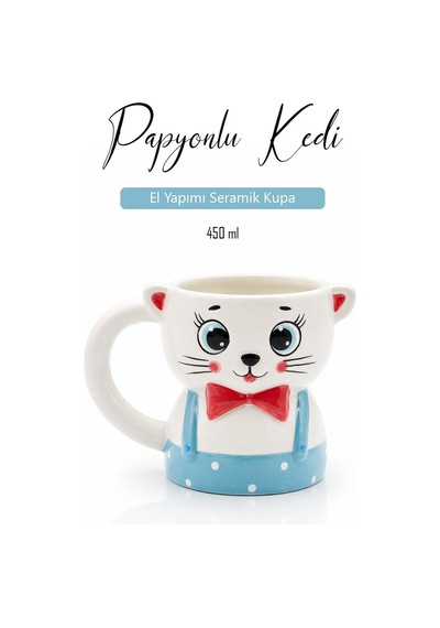 Papyonlu Kedi Figürlü El Yapımı Kupa - Mug, 450 Ml Beyaz