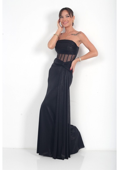 By Saygı Kadın Straplez Astarlı Drapeli Beli Tül Transparan Likralı Lame Simli Kumaş Uzun Elbise Siyah By Saygı Kadın Straplez Astarlı Drapeli Beli Tül Transparan Likralı Lame Simli Kumaş Uzun Elbise Siyah