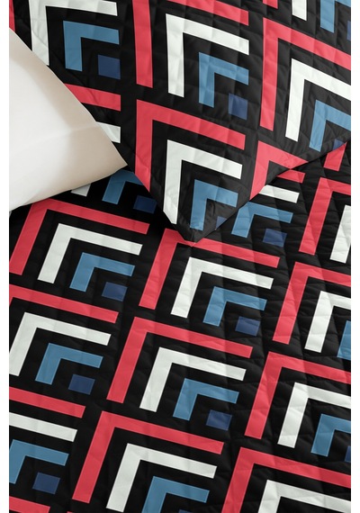 Geometrik Siyah Genç Odası Tek Kişilik Pike Takımı - Modern Lacivert Kırmızı 160x220 Cm Yatak Örtüsü Dokulu İz Perdesi
