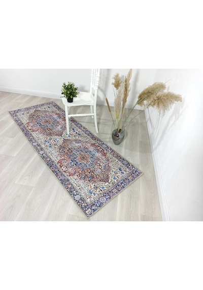 Lacivert Ve Kahverengi Madalyon Desenli Vintage Halı Kırmızı