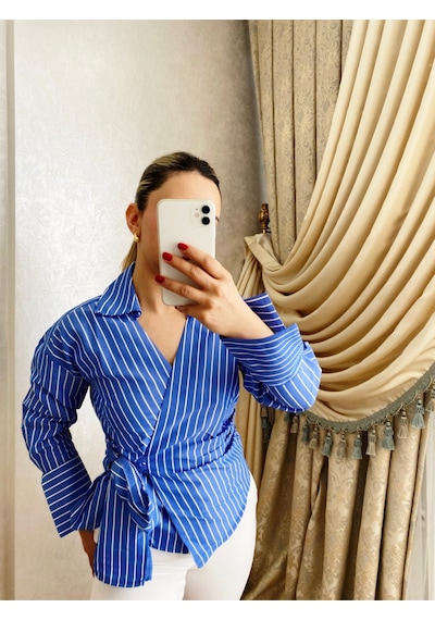 İlayla Çizgili Kruvaze Gömlek Mavi