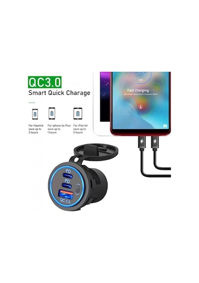 Usb Araç Tekne Şarj Soketi Pd3.0 Ve Qc3.0 Çift Usb-c Bağlantı Noktaları