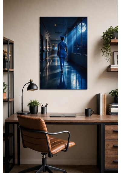 Gece Nöbeti Hemşire Baskılı Cam Tablo Uv Baskı Modern Hastane Duvar Dekoru