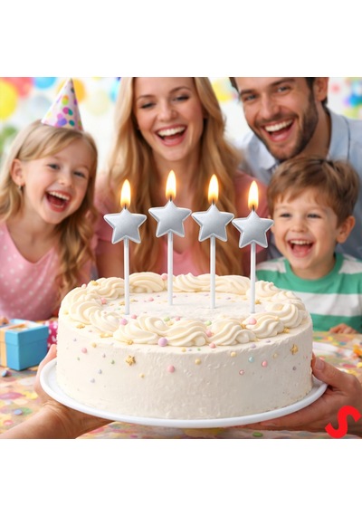 Çubuklu Metalik Gümüş Yıldız Mum - 14 Cm X 4 Adet