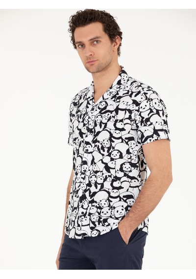 Cacharel Siyah Slim Fit Keten Karışımlı Kısakol Gömlek
