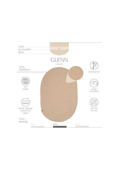 Cool Halı Glenn 608 Bej Banyo Halısı Antre Hol Halısı Hasır Dokulu Oval Banyo Dekoratif Paspas Mutfak Halısı Genel