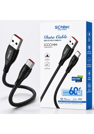 Schitec Usb-a To Type-c 60w Hızlı Şarj Ve Data Kablosu 1m Siyah Hg/c-09ac