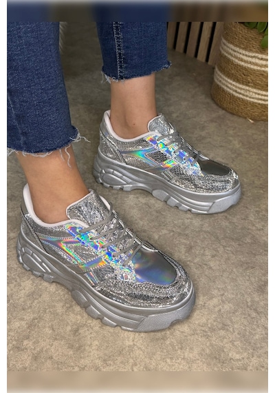 Günlük Kadın Sneaker Kalın Yüksek Taban Bağcıklı Rahat Tiger Şeritli Spor Ayakkabı 032 13 - Gümüş Holo Günlük Kadın Sneaker Kalın Yüksek Taban Bağcıklı Rahat Tiger Şeritli Spor Ayakkabı 032 13 - Gümüş Holo