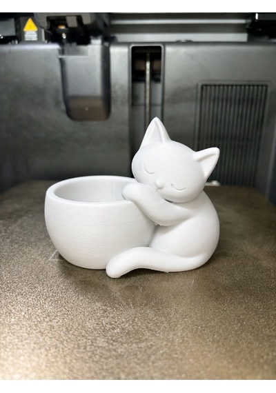 3d Baskı Sarılan Kedi Saksı - Sevimli Dekoratif Saksı - Beyaz -