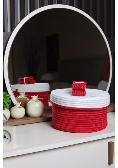 Hasır Jüt Sepet Oval Kapaklı Organizer Düzenleyici 30x20x10 Cm Kırmızı Beyaz Kırmızı Beyaz