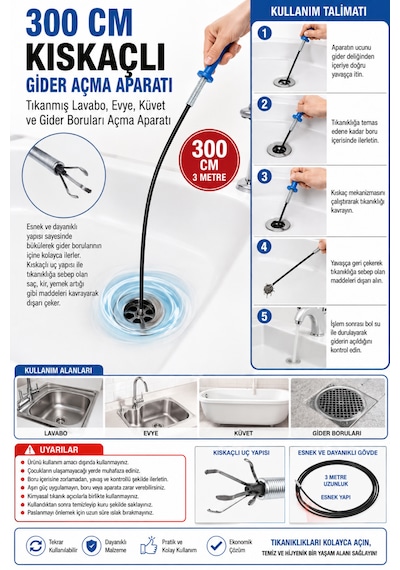300 Cm 3 Metre Kıskaçlı Gider Açma Aparatı Tıkanmış Lavabo Evye Küvet Gider Borusu Açma Aparatı