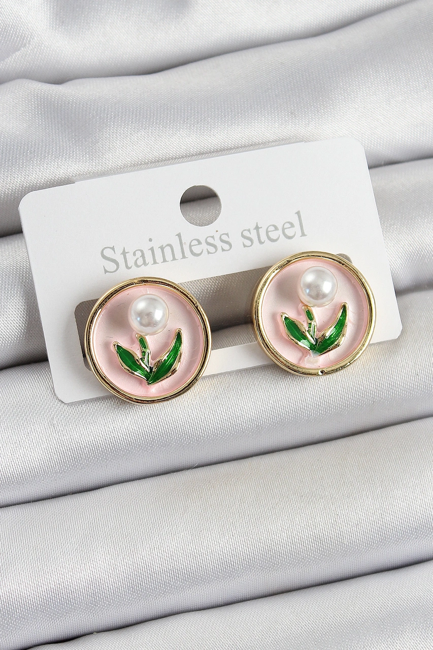 Tua Moda Pirinç Pembe Mineli Lale Figürlü Sanatsal Portre Model Gold Renk Kadın Küpe Çok Renkli