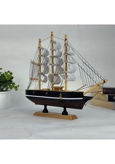 Ahşap El Yapımı Yelkenli Model Biblo, Dekoratif Masaüstü Gemi Maketi, Ev Ofis Dekoru, 24 Cm