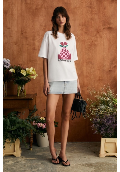Grimelange Sprıne Kadın Yumuşak Kumaşlı %100 Pamuklu Baskılı Regular Beyaz T-shirt