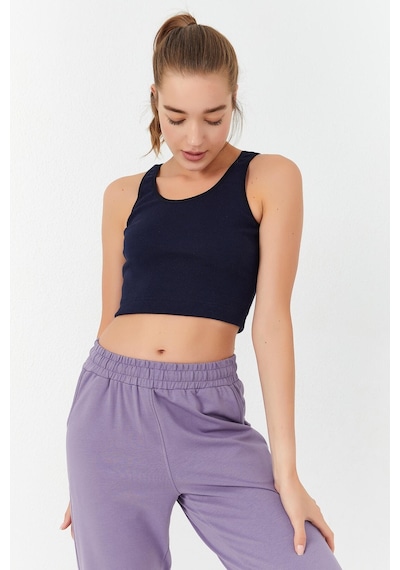 Tommy Life İndigo Basic Sıfır Kol Dar Kalıp U Yaka Kadın Crop Top Atlet - 97160 İndigo