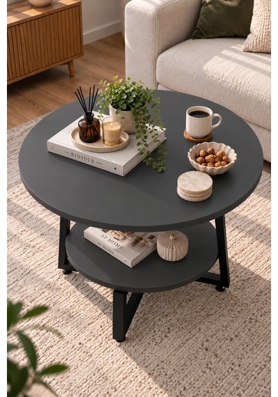 Yuvarlak Orta Sehpa 69,5 Cm İki Katlı Raflı Metal Ayaklı Modern Dekoratif Salon Sehpası Antrasit Yuvarlak Orta Sehpa 69,5 Cm İki Katlı Raflı Metal Ayaklı Modern Dekoratif Salon Sehpası Antrasit