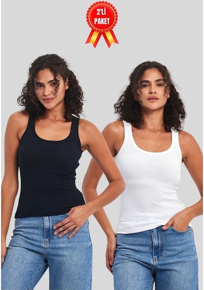 Comeor Kadın Siyah-beyaz Fitilli Görünümlü Askılı Kalın 2'li Basic Atlet Bluz Cmrb92 001