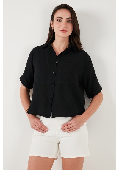 Lela Regular Fit Göğüs Cepli Kısa Kollu Bayan Gömlek 6779324 Siyah