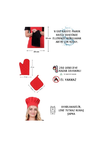 Star Ayar Askılı 5li Mutfak Önlüğü Seti Ayar Askılı Havlulu Önlük, Şapka, Eldiven, Tutacak Kırmızı-siyah-kırmızı