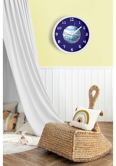 Uzay Ve Gezegen Tasarımlı Modern Duvar Saati - Çocuk Odası Duvar Saati - 30cm - Önü Camlı Beyaz Kasa Beyaz