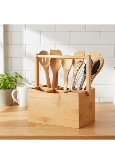 Bambu Taşıma Kulplu Çok Amaçlı Düzenleyici - 6 Bölmeli Çatal Bıçaklık Ofis, Banyo Ve Masaüstü Caddy Organizer 21.6x14x12.7 Cm Çok Renkli