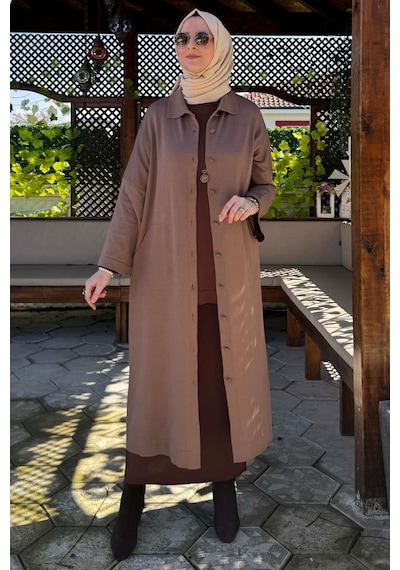 Rabia Şamlı Panço Triko Hırka Sütlü Kahve Normal
