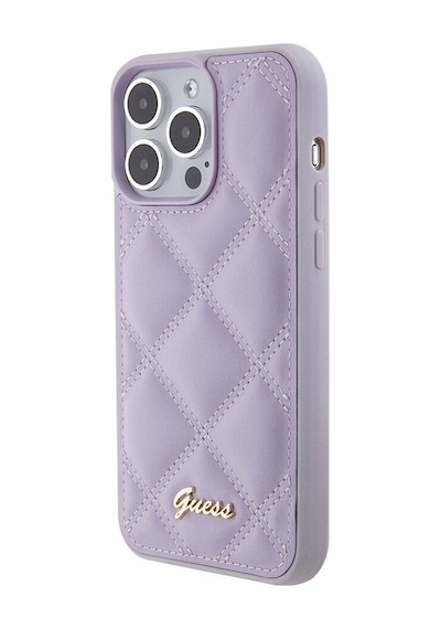 Apple Uyumlu iPhone 15 Pro Max Kılıf Guess Lisanslı Pu Deri Metal Yazı Logolu Kapitone Kapak Siyah